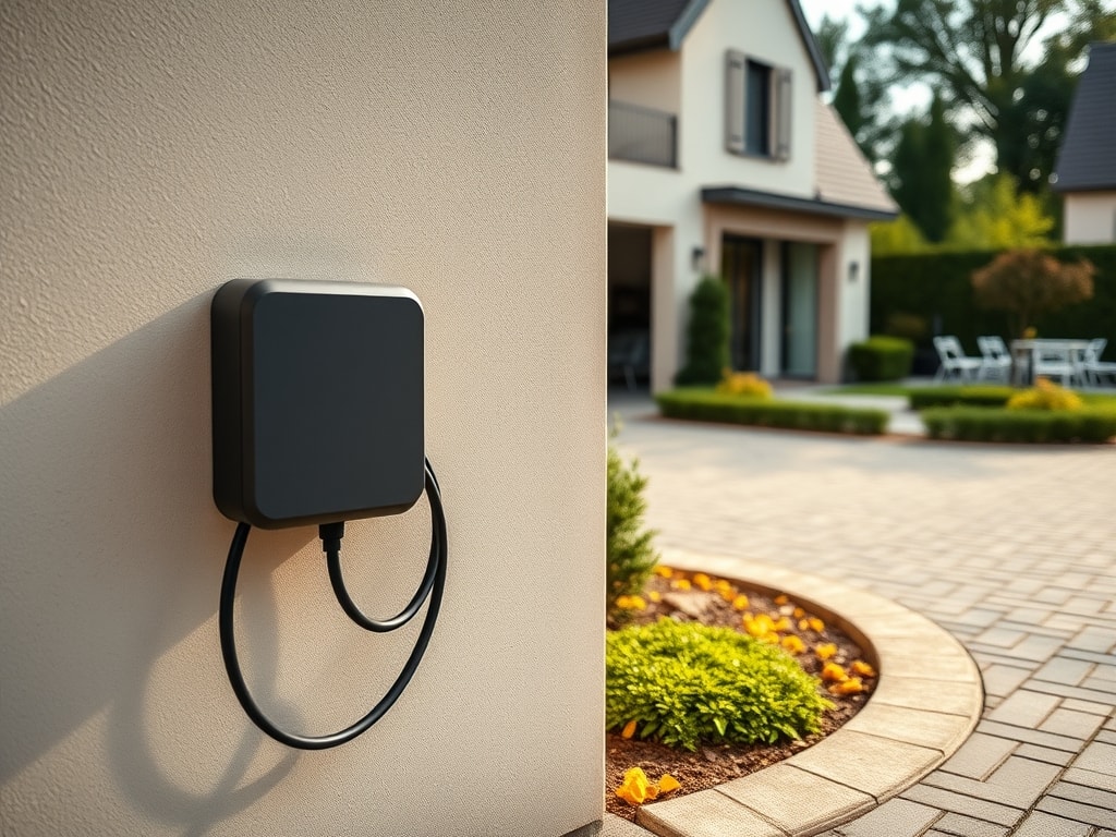 Borne de recharge murale installée sur la façade extérieure d'une maison, près de l'allée