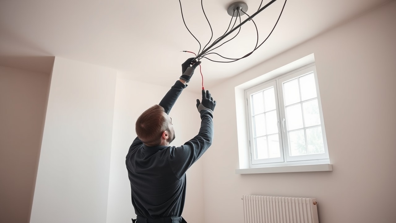 Électricien tirant des câbles électriques sur un chantier de rénovation