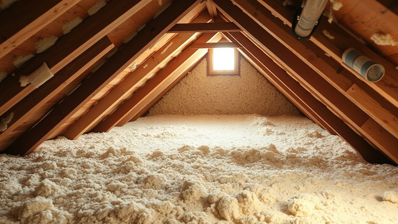 Isolation des combles par laine soufflée dans une charpente en bois
